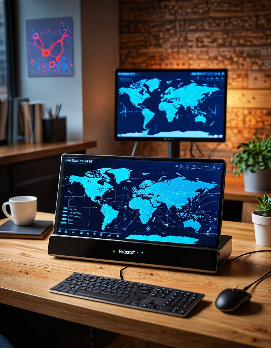 A modern and sleek router sitting on a wooden desk, connected to multiple devices, displaying a vibrant network diagram on a screen showing improved performance stats. Background features a tech-savvy workspace with glowing circuit patterns and digital elements symbolizing enhanced connectivity. The atmosphere reflects innovation and efficiency. super-realistic. vibrant colors. 3D.